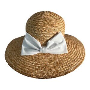 Vintage 1996 Olympics Straw Sun Hat White Bow Wide Brim Atlanta Summer Hat